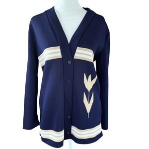Vintage Stage 7 Cardigan Knit Navy Tulip Sweater Womens 12 (M) USA 70s Polyester